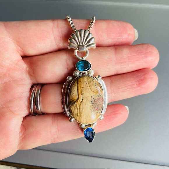 Picture Jasper & Blue Glass Shell Scallop Pendant Necklace in Sterling S…